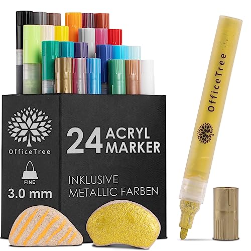 OfficeTree 24 Acrylmarker - Acryl Stifte inkl. 5 Metallic Farben - Acrylstifte für Steine Wasserfest - Acrylfarben Stifte - Wasserfeste Stifte für Kinder, Hobbykünstler und Künstler von OfficeTree