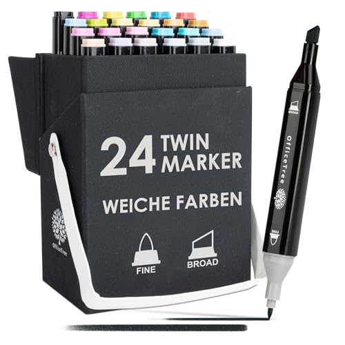 OfficeTree 24 Alkohol Marker - Weiche Farben - Twin Marker Set zum Zeichnen und Malen - Touch Marker Stifte auch als Manga Stifte von OfficeTree