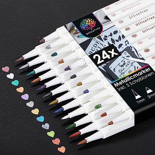 OfficeTree 24 x Metallic Marker Stifte Set + 5 Schablonen - 12 Farben & 2 Spitzen - Metallic Stifte für Schwarzes Papier & Fotoalbum & Gästebuch Hochzeit OfficeTree 24 x Metallic Marker Stifte Set + 5 Schablonen - 12 Farben & 2 Spitzen - Metallic Stifte für Schwarzes Papier & Fotoalbum & Gästebuch Hochzeit von OfficeTree