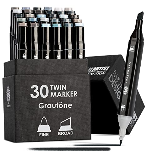 OfficeTree 30 Alkohol Marker Grau - Layoutmarker Set - Twin Marker Set zum Zeichnen und Malen - Touch Marker Stifte auch als Manga - Stift Grau - Grauer Filzstift Grau Marker - Alkoholmarkerstifte von OfficeTree