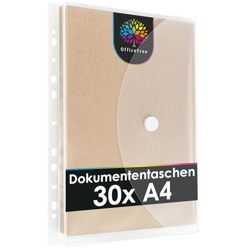 OfficeTree 30 x Dokumententasche A4 Abheftbar mit 200 Lochverstärker - Folientasche A 4 - Dokumentenmappe A4 zum Abheften - Klarsichthüllen mit Klettverschluss und Abheftrand von OfficeTree