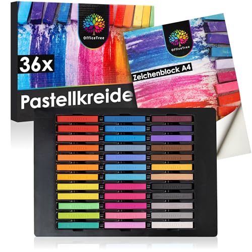 OfficeTree 36 x Pastellkreide Set - Malkreide für Papier - Pastellkreide Soft - Künstlerkreide inkl. Zeichenblock - Pastell Kreide in Intensiven Farben - Soft Pastellkreide für den Künstlerbedarf von OfficeTree