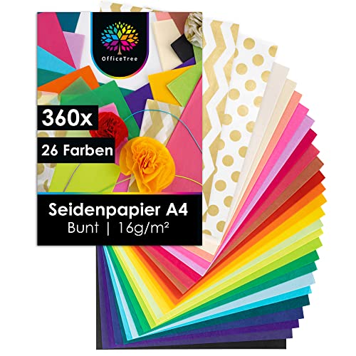 OfficeTree 360 x Seidenpapier A4 in 26 Farben - Seidenpapier Bunt zum Basteln 16 g/qm - Art Tissue Paper - Buntes Seidenpapier Set - Seidenpapier Basteln & DIY & Verpacken von OfficeTree