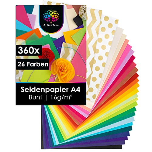 OfficeTree 360 x Seidenpapier A4 in 26 Farben - Seidenpapier Bunt zum Basteln 16 g/qm - Art Tissue Paper - Buntes Seidenpapier Set - Seidenpapier Basteln & DIY & Verpacken OfficeTree 360 x Seidenpapier A4 in 26 Farben - Seidenpapier Bunt zum Basteln 16 g/qm - Art Tissue Paper - Buntes Seidenpapier Set - Seidenpapier Basteln & DIY & Verpacken von OfficeTree