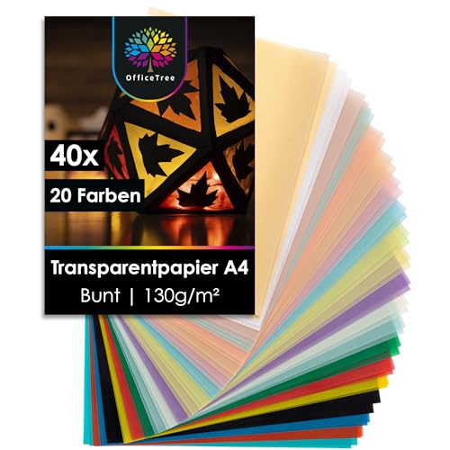 OfficeTree 40 x Transparentpapier Bunt A4 - Pergamentpapier Bunt 20 Farben inkl. Gold & Silber - Buntes Transparentpapier zum Basteln von Laternen von OfficeTree