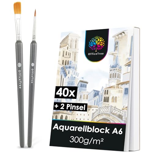 OfficeTree 40x Aquarellpapier A6 300g - Aquarellblock A6 Weiß – Zeichenblock A6 - Aquarell Postkarten Blanko - Zeichenblock Aquarell Papier A6 inklusive 2 Pinsel von OfficeTree