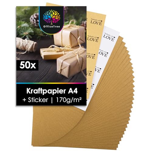 OfficeTree 50 x Kraftpapier A4 inklusive Sticker Set - Craftpapier A4 - Kartonpapier zum Basteln Hochzeit Einladungen, Menükarten - Braunes Papier A4 - Craft Papier zum Drucken und Schreiben OfficeTree 50 x Kraftpapier A4 inklusive Sticker Set - Craftpapier A4 - Kartonpapier zum Basteln Hochzeit Einladungen, Menükarten - Braunes Papier A4 - Craft Papier zum Drucken und Schreiben von OfficeTree
