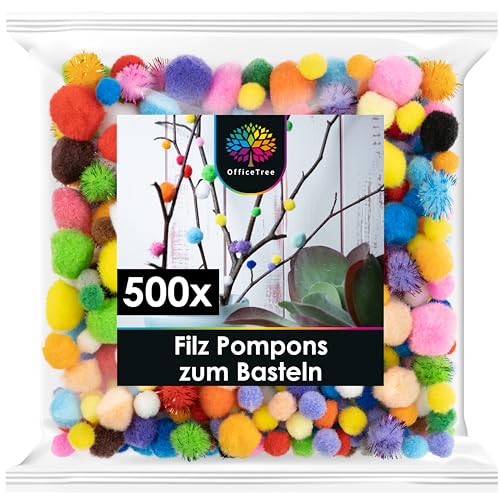 OfficeTree 500 Bunte Pompons zum Basteln Mix - Filzkugeln Bunt verschiedene Größen - Pompoms zum Basteln für Kinder und Erwachsene - Dekorieren Verzieren Nähen DIY von OfficeTree