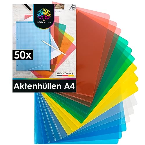 OfficeTree 50x Aktenhüllen Farbig Glasklar - Einsteckhüllen A4 Genarbt - Sichthüllen A4 Seitlich Offen - Bunte Klarsichthüllen - Einschubhüllen Schützen vor Knicken & Schmutz von OfficeTree