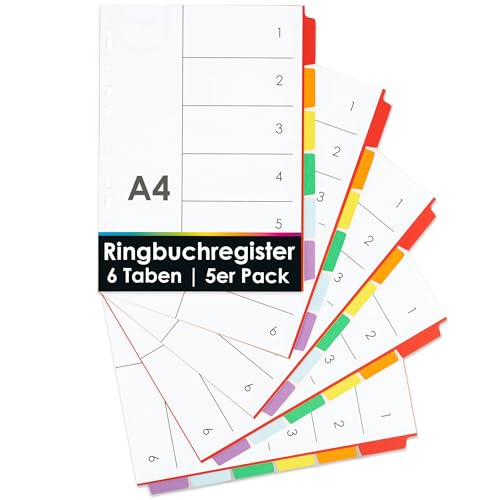 OfficeTree 5x Ringbuch Register DIN A4 mit 6 Taben - Register für Ordner A4 Farbig - Ordner Trennblätter - Karton Register DIN A4 mit Multilochung für Ordner oder Ringbuch - Made in Germany von OfficeTree