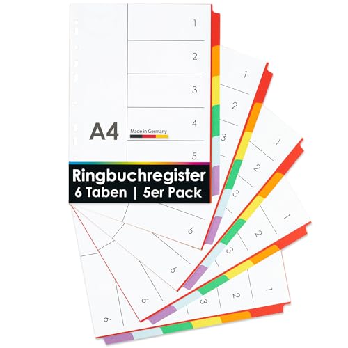 OfficeTree 5x Ringbuch Register DIN A4 mit 6 Taben - Register für Ordner A4 Farbig - Ordner Trennblätter - Karton Register DIN A4 mit Multilochung für Ordner oder Ringbuch - Made in Germany von OfficeTree