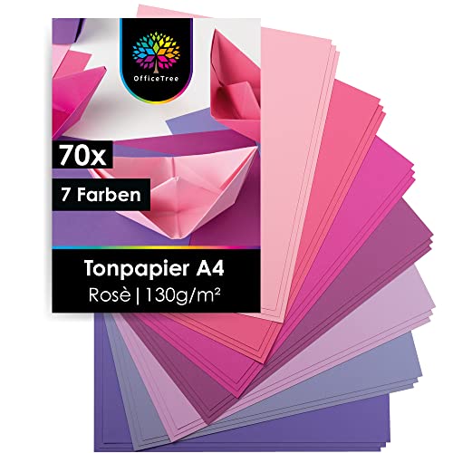OfficeTree 70 x Tonpapier Rosa A4 - Bastelpapier 130g/m² - 7 Rosa Töne - Fotokarton A4 zum Basteln und Gestalten - Rosa Papier A4 - Bastelpapier Lila - Tonpapier Pink - Origami Papier A4 von OfficeTree