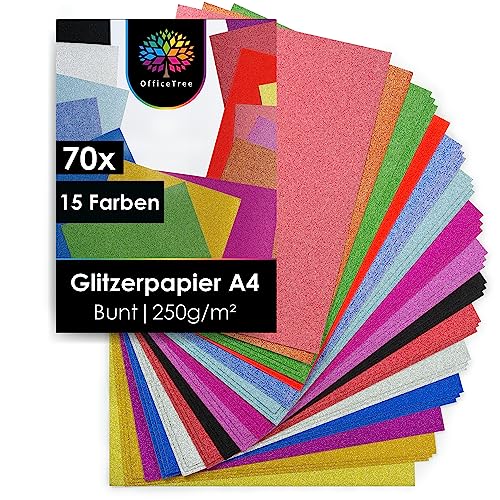 OfficeTree 70 x Glitzerpapier zum Basteln A4-15 Farben 250g/m² - Glitzer Papier A4 Bunt - Glitzer Bastelpapier - Glitzer Karton zum Basteln und Gestalten von OfficeTree