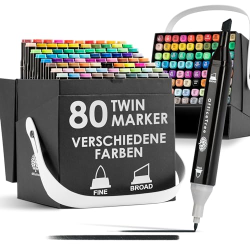 OfficeTree 80er Alkohol Marker Set - Filzstifte für Erwachsene mit Stifte Box - Marker Stifte Set mit Farbcodes - Alkohol Stifte zum Zeichnen & Malen - Twin Marker auch als Manga Stifte von OfficeTree