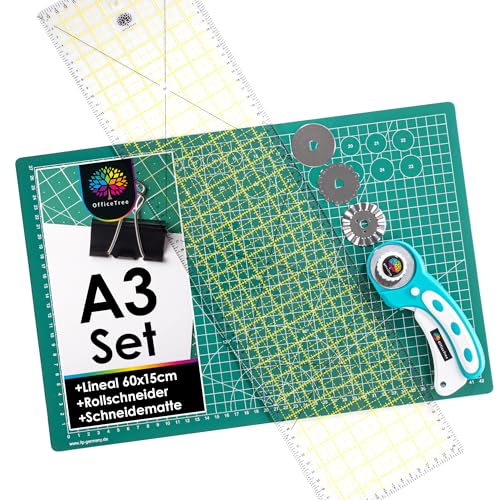 OfficeTree Schneidematte A3 Set + Rollschneider + Patchworklineal 60 cm - Schneidematte Set für professionelle Schnittarbeiten - Nähzubehör für Kreative (Grün) von OfficeTree
