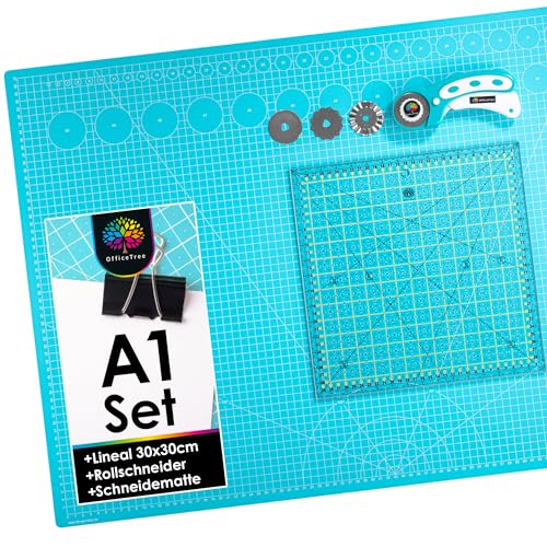 OfficeTree Schneidematte Set A1 90x60 + Rollschneider + Patchwork Lineal 30x30 cm - Schneidematte A1 Selbstheilend - Schneiderlineal Schneiderunterlage und Rollschneider Set - Schneidunterlage nähen OfficeTree Schneidematte Set A1 90x60 + Rollschneider + Patchwork Lineal 30x30 cm - Schneidematte A1 Selbstheilend - Schneiderlineal Schneiderunterlage und Rollschneider Set - Schneidunterlage nähen von OfficeTree