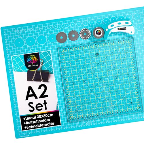 OfficeTree Schneidematte Set A2 60x45 + Rollschneider + Patchwork Lineal 30x30 cm - Schneidematte A2 Selbstheilend - Schneiderlineal Schneiderunterlage und Rollschneider Set - Schneidunterlage nähen OfficeTree Schneidematte Set A2 60x45 + Rollschneider + Patchwork Lineal 30x30 cm - Schneidematte A2 Selbstheilend - Schneiderlineal Schneiderunterlage und Rollschneider Set - Schneidunterlage nähen von OfficeTree