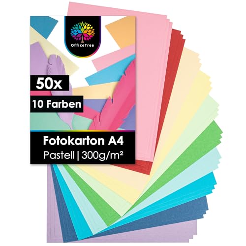 OfficeTree 50 x Tonkarton Pastell A4 - Tonpapier Pastellfarben 300g/m² - 10 Farben - Tonpapier A4 - Fotokarton A4 zum Basteln und Gestalten von OfficeTree