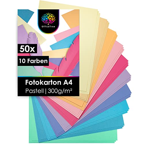 OfficeTree 50 x Tonkarton Pastell A4 - Tonpapier Pastellfarben 300g/m² - 10 Farben - Tonpapier A4 - Fotokarton A4 zum Basteln und Gestalten von OfficeTree