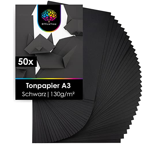 OfficeTree 50 x Tonpapier Schwarz A3 130g - Schwarzes Tonpapier A3 - Bastelpapier Schwarz - Tonzeichenpapier A3 Schwarz zum Basteln & Malen & Drucken von OfficeTree