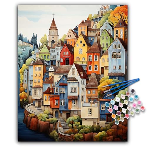 Malen nach Zahlen Erwachsene - Landschaft Acryl Paint by Numbers Adult, Dorf Landschaften DIY Malen nach Zahlen Erwachsene Leinwand Anfänger, als Geschenk für die Wohnraumdekoration 40x50 cm von Offito Art
