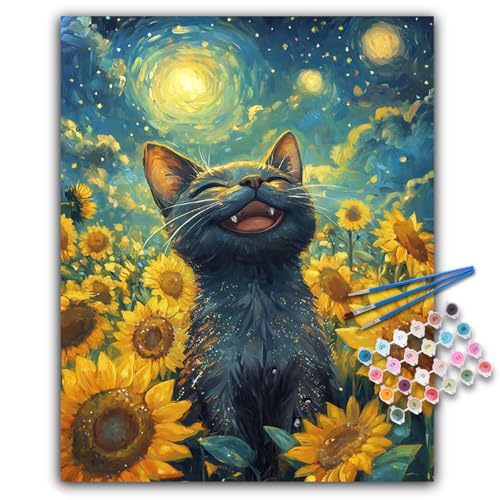 Malen nach Zahlen Erwachsene - Sonnenblume Schwarze Katze Acryl Paint by Numbers Adult, Sternennacht DIY Malen nach Zahlen Leinwand Anfänger, als Geschenk für die Wohnraumdekoration 40x50 cm Malen nach Zahlen Erwachsene - Sonnenblume Schwarze Katze Acryl Paint by Numbers Adult, Sternennacht DIY Malen nach Zahlen Leinwand Anfänger, als Geschenk für die Wohnraumdekoration 40x50 cm von Offito Art