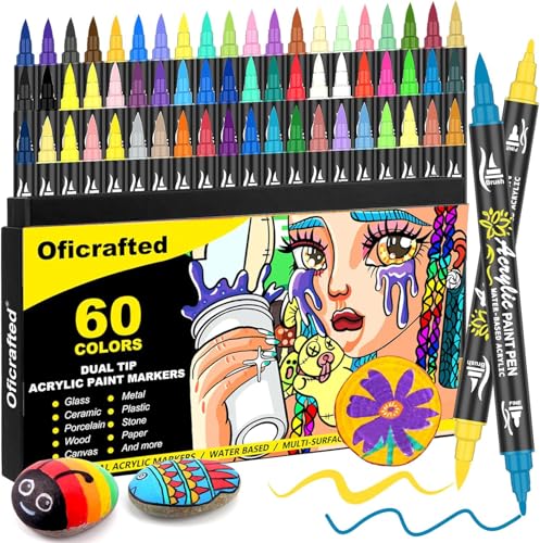 Oficrafted 60 Farben Doppelspitzen-Acrylfarbstifte, Premium-Acrylfarben-Marker mit Pinsel und feiner Spitze, Stifte und Marker für Steinmalerei, Holz, Leinwand, Glas und Keramikoberflächen von Oficrafted