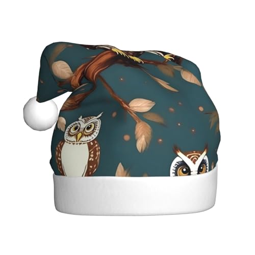 Ogniwo Weihnachtsmütze für Erwachsene, Plüsch-Weihnachtsmütze mit Pompon auf der Oberseite für Weihnachtsmann-Kostümparty, Eulen auf Ästen von Ogniwo