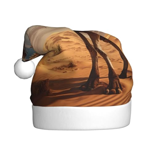 Ogniwo Weihnachtsmütze für Erwachsene, Plüsch-Weihnachtsmütze mit Pompon auf der Oberseite für Weihnachtsmann-Kostümparty, Wüstensand-Kamel-Druck von Ogniwo
