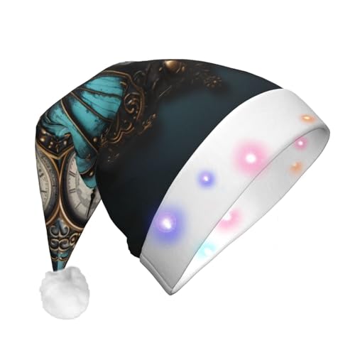 Ogniwo Weihnachtsmütze mit Uhr-Schmetterlings-Druck, LED-Weihnachtsmannmütze, ultraplüschig und weich, ideal für Erwachsene von Ogniwo