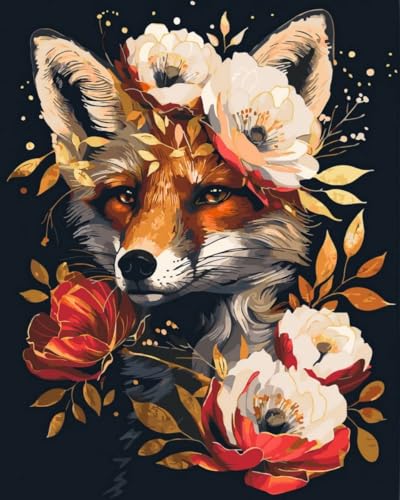 Oh Art! Malen Nach Zahlen Erwachsene Paint By Numbers Adult Set Mit 3 Pinseln Acrylfarben Und Leinwand Gespannt Auf Holzrahmen Kreativ Set DIY Bastelset 40 x 50 cm Mit Rahmen Red fox in flowers von Oh Art!