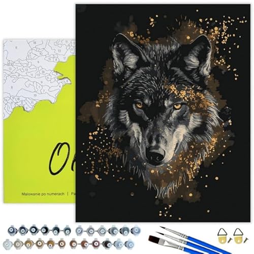 Oh Art! Malen Nach Zahlen Erwachsene Paint By Numbers Adult Set Mit 3 Pinseln Acrylfarben Und Leinwand Gespannt Auf Holzrahmen Kreativ Set DIY Bastelset 40 x 50 cm Mit Rahmen Wolf in gold von Oh Art!