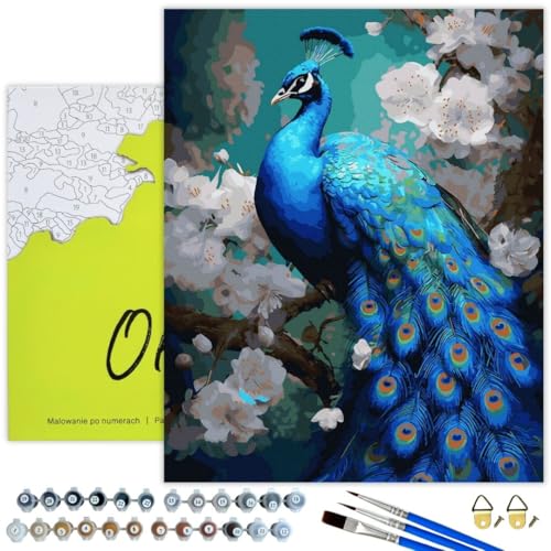 Oh Art! Malen Nach Zahlen Erwachsene Set Mit 3 Pinseln Und Acrylfarben Gemälde Acrylic Malerei DIY Leinwand 40 x 50 cm Blauer Pfau von Oh Art!