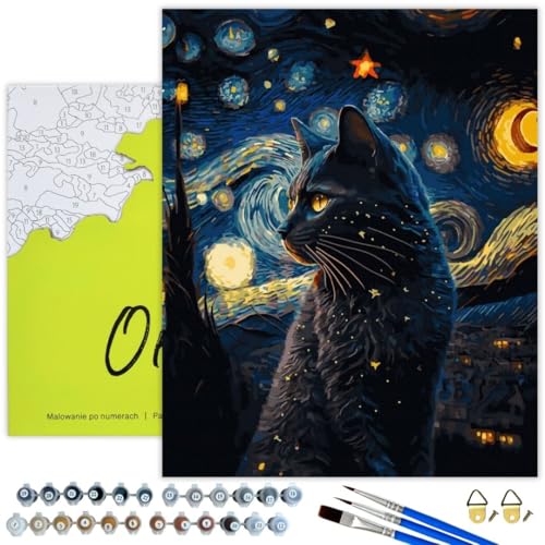 Oh Art! Malen Nach Zahlen Erwachsene Set Mit 3 Pinseln Und Acrylfarben Gemälde Acrylic Malerei DIY Leinwand 40 x 50 cm Graue Katze Und Sterne von Oh Art!