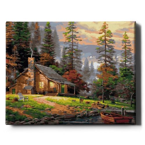 Oh Art! Malen Nach Zahlen Erwachsene Set Mit 3 Pinseln Und Acrylfarben Gemälde Acrylic Malerei DIY Leinwand 40 x 50 cm Haus Im Wald von Oh Art!