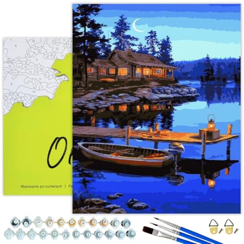 Oh Art! Malen Nach Zahlen Erwachsene Set Mit 3 Pinseln Und Acrylfarben Gemälde Acrylic Malerei DIY Leinwand 40 x 50 cm Hütte Am See von Oh Art!
