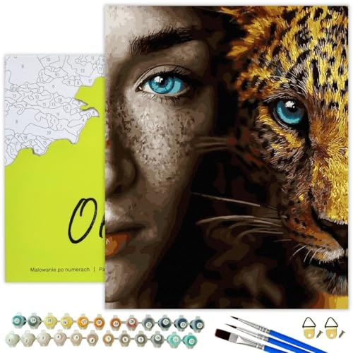 Oh Art! Malen Nach Zahlen Erwachsene Set Mit 3 Pinseln Und Acrylfarben Gemälde Acrylic Malerei DIY Leinwand 40 x 50 cm Jaguar und Mädchen von Oh Art!