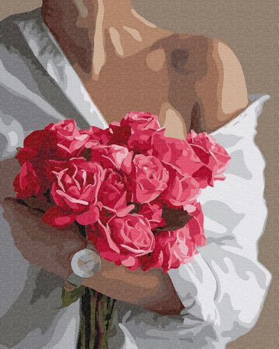 Oh Art! Malen Nach Zahlen Erwachsene Set Mit 3 Pinseln Und Acrylfarben Gemälde Acrylic Malerei DIY Leinwand 40 x 50 cm Junges Mädchen Mit Blumen von Oh Art!