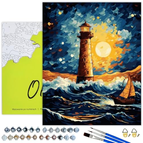 Oh Art! Malen Nach Zahlen Erwachsene Set Mit 3 Pinseln Und Acrylfarben Gemälde Acrylic Malerei DIY Leinwand 40 x 50 cm Leuchtturm von Oh Art!