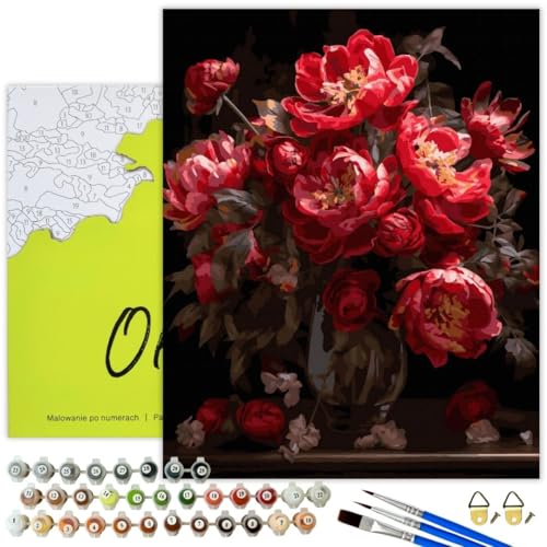 Oh Art! Malen Nach Zahlen Erwachsene Set Mit 3 Pinseln Und Acrylfarben Gemälde Acrylic Malerei DIY Leinwand 40 x 50 cm Rote Blumen von Oh Art!