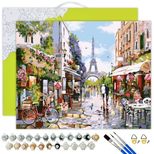 Oh Art! Malen Nach Zahlen Erwachsene Set Mit 3 Pinseln Und Acrylfarben Gemälde Acrylic Malerei DIY Leinwand 40 x 50 cm Straßen In Paris von Oh Art!