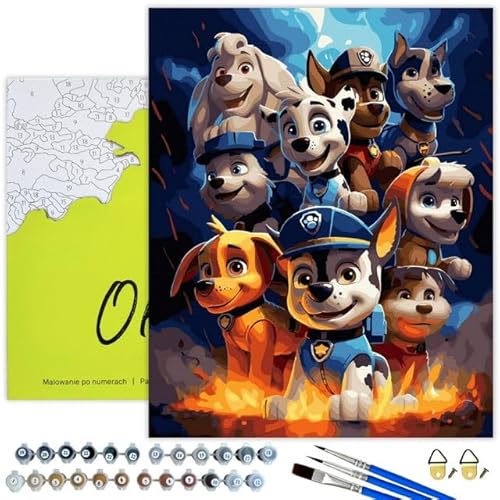 Oh Art! Malen Nach Zahlen für Kinder ab 7 8 9 10 11 Jahren Set Mit 3 Pinseln Acrylfarben Und Leinwand Gespannt Auf Holzrahmen Paint By Numbers DIY Bastelset 40 x 50 cm Mit Rahmen Dog Patrol von Oh Art!