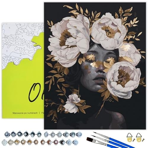 Oh Art! Malen Nach Zahlen für Kinder und Erwachsene Set Mit 3 Pinseln Acrylfarben Und Leinwand Gespannt Auf Holzrahmen Paint By Numbers DIY Bastelset 40 x 50 cm Mit Rahmen Delicate peonies in gold von Oh Art!