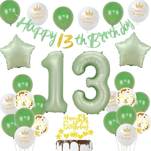 13 Geburtstag Deko Junge Mädchen Luftballon 13.geburtstag Deko oliv grün Geburtstagsdeko 13 Jahre Junge ballons Cake Topper Gold für 13 Geburtstag Mädchen party Deko 13 Geburtstag Mädchen grün von Ohaoduo
