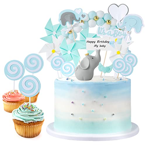 18 Stück Tortendeko Babyparty Junge Elefante Kuchendeko Baby Shower Blau Tortendeko Baby Boy Kuchendeko Tortendekoration Taufe Cupcake Tortenstecker Kuchendeckel Topper … von Ohaoduo