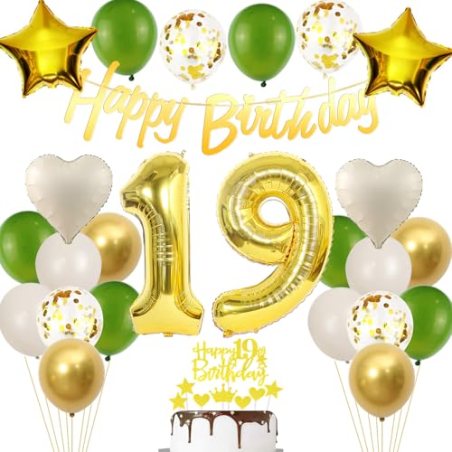 19 Jahre Geburtstagsdeko Gold Grün, Ballon 19 Jahre Mädchen Junge, Luftballon 19. Geburtstag Gold, 19. Geburtstag Party Deko, 19. Geburtstag Tortendeko Gold, Party Ballons 19 Jahre Gold Grün von Ohaoduo