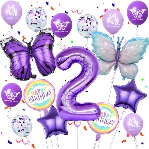 2 Jahre Schmetterling Geburtstag Deko, Lila 2 Geburtstag Mädchen Deko, Bunt Schmetterlinge Geburtstagsdeko 2 Jahre, Schmetterling Folienballon 2 Jahre, Schmetterling 2. Luftballon Lila von Ohaoduo