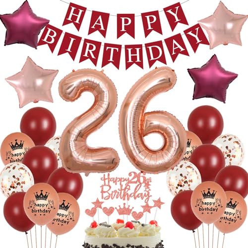 Ohaoduo 26. Geburtstag Dekoration Frau, Rot Rosegold, 32 Zoll Zahl Folienballons '26', Happy Birthday Banner, Tortendeko, Stern Foilenballons, Latex Luftballons, Konfetti Luftballons, Ballons Bänder von Ohaoduo