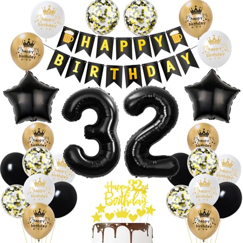 32 Geburtstag Deko mann frauen, Gold Schwarz Party Deko 32. Geburtstag Männer frauen mit Luftballons Zahl 32 Tortendeko Happy Birthday Banner Ballons für Geburtstagsdeko 32 jahre frau von Ohaoduo