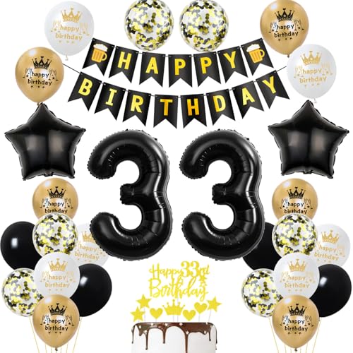 33 Geburtstag Deko mann frauen, Gold Schwarz Party Deko 33. Geburtstag Männer frauen mit Luftballons Zahl 33 Tortendeko Happy Birthday Banner Ballons für Geburtstagsdeko 33 jahre frau von Ohaoduo